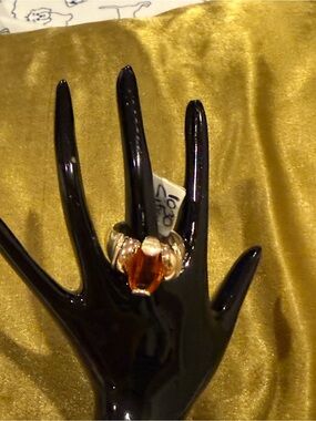 Silver 925 & 18k Gold Ring with Amber Gemstone - Women's Fashion Ring size 8